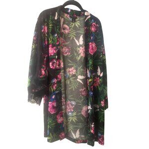 Victorias Secret Black Floral Kimono Robe Satin With Lace Trim - XS/S
